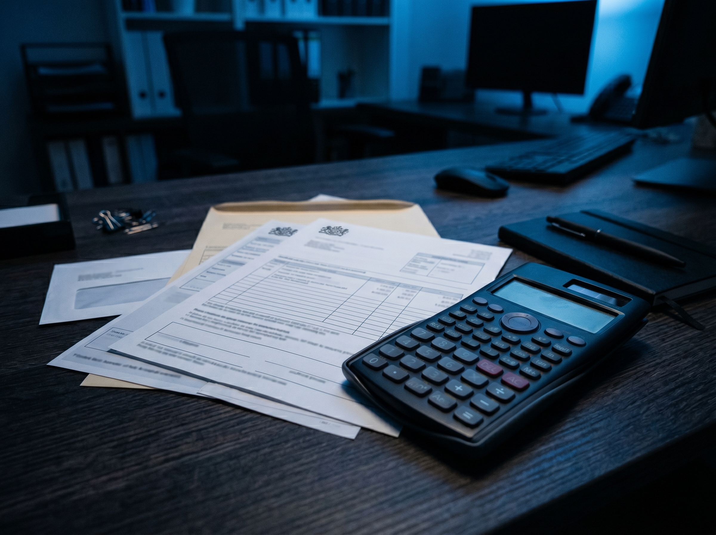 Documentos bancarios y calculadora sobre una mesa